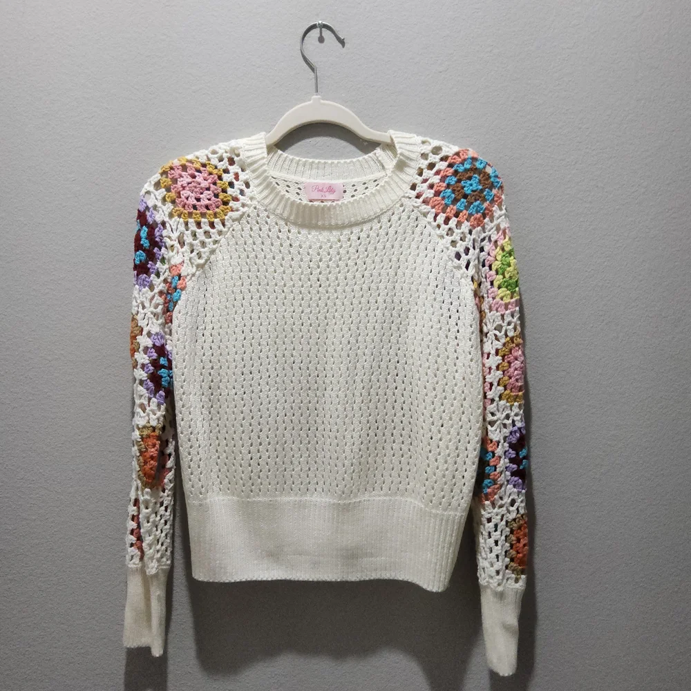 Pink Lily Off-the-Shoulder Sweater with Multicolor Sleeves - Picture 3 of 5